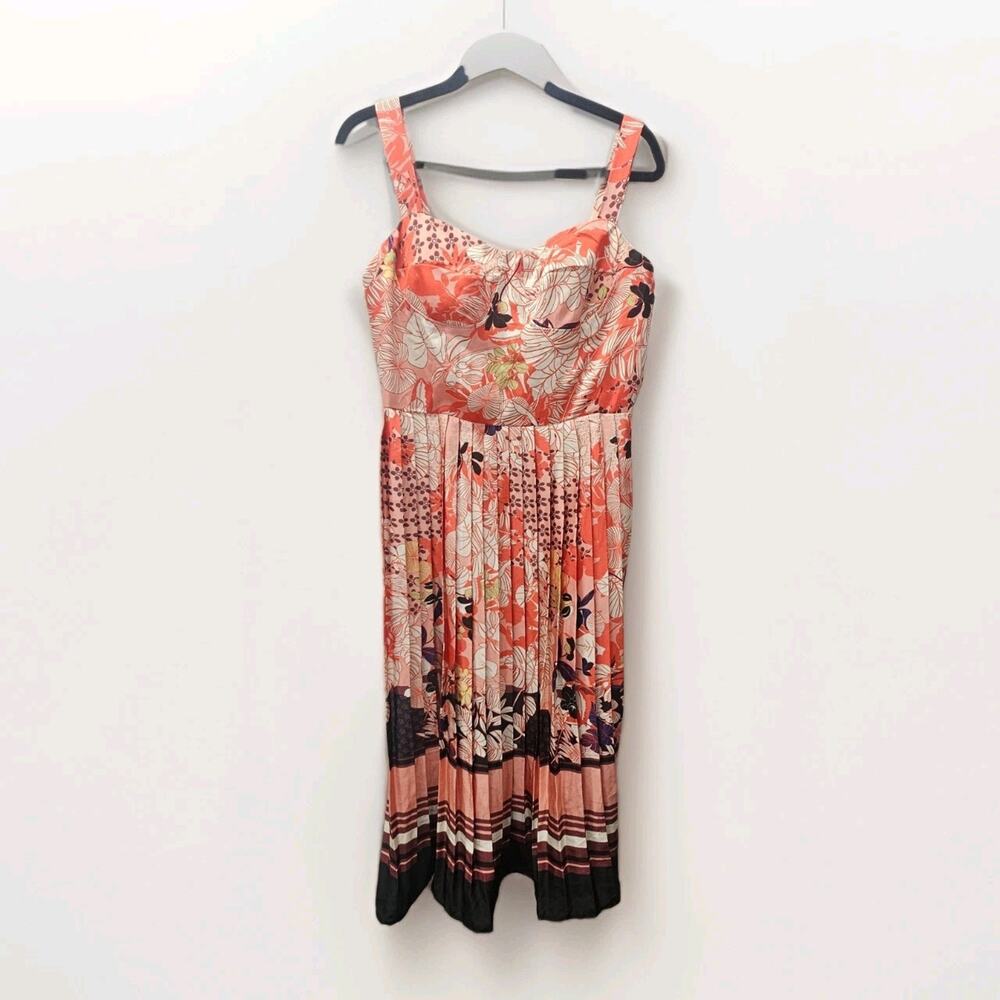 Dalia MacPhee Peach Red Floral Print Midi Dress XL Satin Pleated Formal
